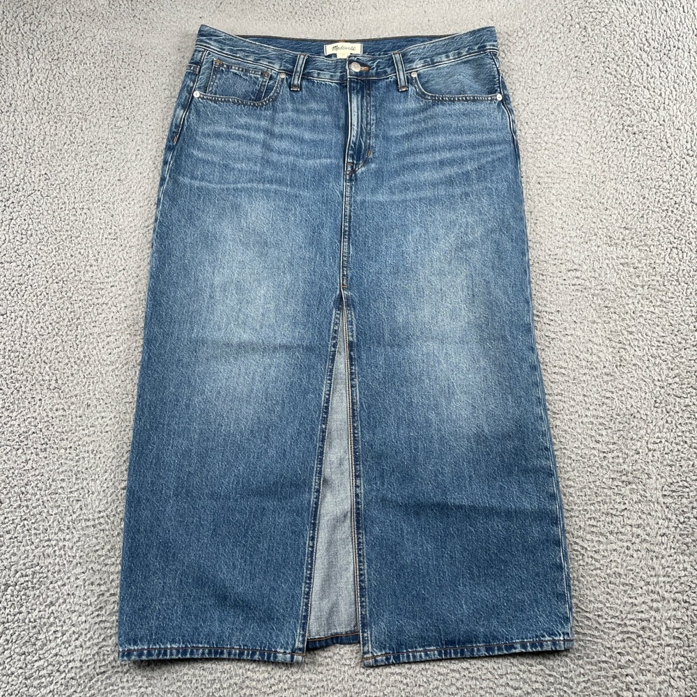 Madewell Denim Skirt Womens 30 Blue Midi Front Slit Straight High Rise Cotton